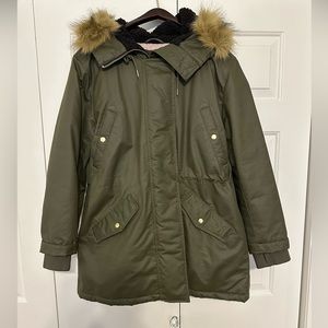 J.Crew parka insulated coat. Very warm with removable faux fur hood trim.